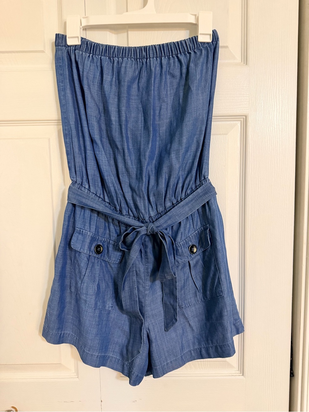New York & Co Strapless Blue Chambray Romper Shorts with Tie Waist